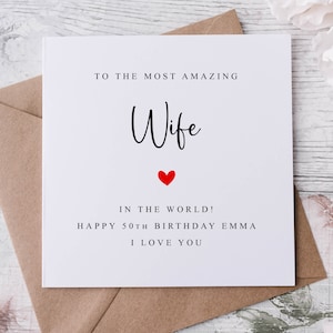 Cartão de aniversário personalizado para esposa, para a esposa mais incrível do mundo, cartão para marido para seu 30º 40º 50º 60º 70º nome e idade