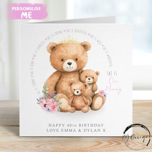Personalised Mummy Bear Birthday Card from upto 5 Children  Mummy and Baby Bear - Any Wording 21st, 30th, 40th 50th 60th 70th 80th 90th