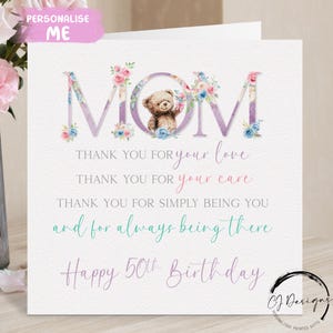 Gepersonaliseerde moeder verjaardagskaart, gedicht kaart - elke leeftijd roze bloemen wenskaart met teddybeer 40e 50e 60e 65e 70e 75e 80e 90e 100e