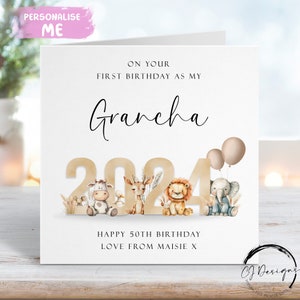 Biglietto di auguri di compleanno personalizzato Grancha First As My Neutral Animal Theme con nome QUALSIASI ETÀ/FORMULAZIONE 1° 50° 60° 65° 70° 75° 80° 90°