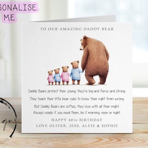 Personalisierte Daddy Bär Geburtstags-Gedichtkarte von bis zu 4 Kindern - Daddy und Baby Bär JEDE VARIATION Karte für Ihn Name und Alter