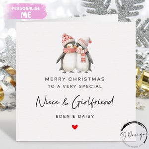 Tarjeta navideña personalizada para sobrina y novia: tarjeta de pareja de mujeres con pingüinos y corazón rojo