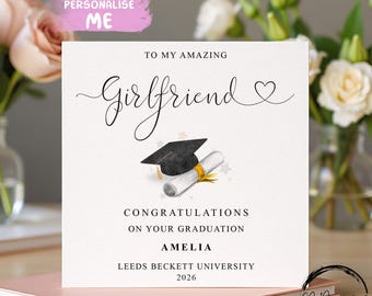 Personalised Girlfriend Graduation Card- Cap & Gold Ribbon Scroll- Name and University, ANY YEAR