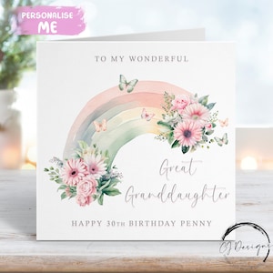Biglietto di auguri di compleanno personalizzato per pronipote con arcobaleno floreale e farfalle 13°, 14°, 15°, 16°, 17°, 18°, 21°, 30°, 40°, 50°,