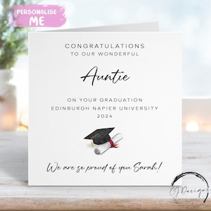 Tarjeta de graduación personalizada para tía (con birrete y pergamino) para mi/nuestro nombre y universidad CUALQUIER AÑO