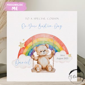Personalisierte Cousin-Taufkarte, Regenbogen-Teddybär mit Name / Datum Grußkarte, Taufe-Tag-Tag-Andenken für ihn klein oder groß