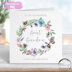 Cartão de aniversário personalizado para bisavó - Coroa de flores - Joaninhas e borboletas QUALQUER TEXTO 40º 50º 60º 70º 80º 90º 100º 75º 65º