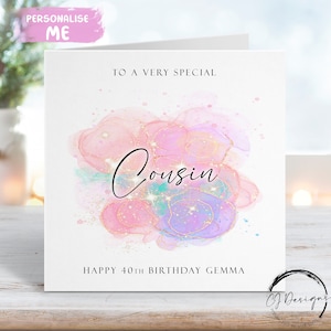 Cartão de aniversário personalizado para primos, design rosa, roxo e verde, qualquer idade, 18, 19, 20, 21, 30, 40, 50, 60, 70, 80, 90