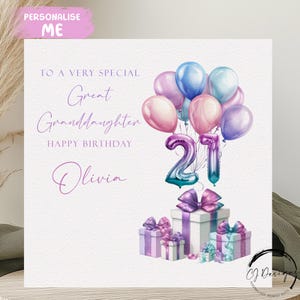Carte d'anniversaire personnalisée arrière-petite-fille tout âge/nom ballons multicolores pastel 16e 18e 18e 21e 25e 30e 40e 40e 45e 50e