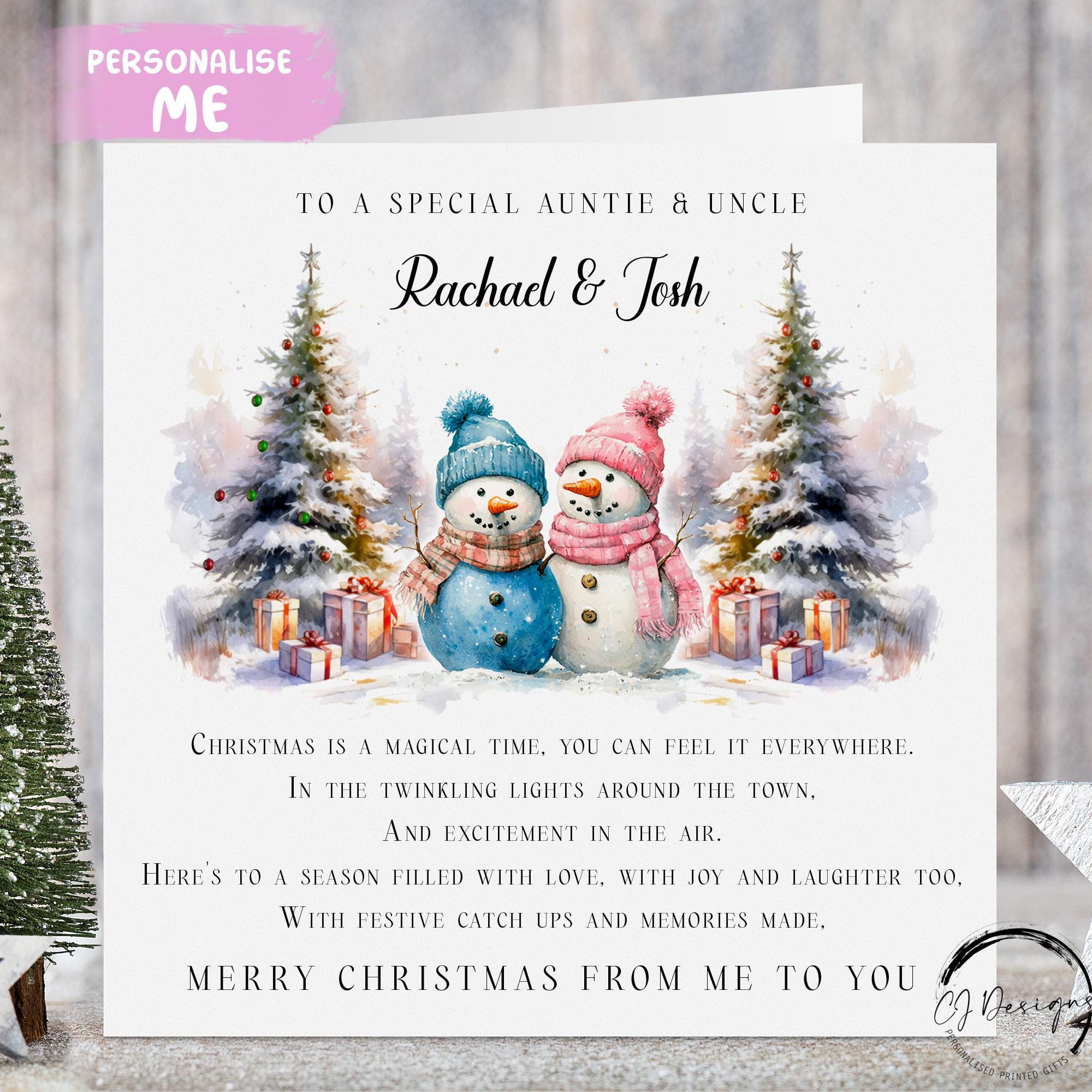 Personalisierte Tante & Onkel Schneemann Paar Gedicht Weihnachtskarte mit Namen Paar Karte von mir oder uns