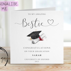 Gepersonaliseerde bestie-afstudeerkaart - met pet en scroll - naam en universiteit middelgrote of grote kaart Geweldige beste vriend