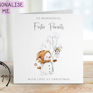 Wonderful Wonderful Foster Parents Christmas Card - Cute Snowman and Tree with Hearts Minimal Cards