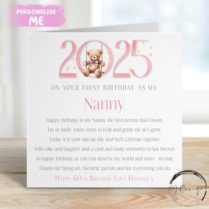 Carte d'anniversaire personnalisée nounou - ours en peluche 2025 premier anniversaire comme mon poème - prénom N'IMPORTE QUELLE LIBÉRATION 1er 40e 45e 50e 60e 65e 70e