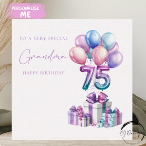 Gepersonaliseerde oma verjaardagskaart elke leeftijd pastel veelkleurige nummer ballonnen 40e 50e 60e 70e 75e 80e 85e 90e 95e 100e