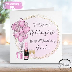 Cartão de aniversário personalizado para afilhada - tema rosa e dourado com balões Qualquer idade 14, 15, 16, 17, 18, 19, 20, 21, 30, 40, 50
