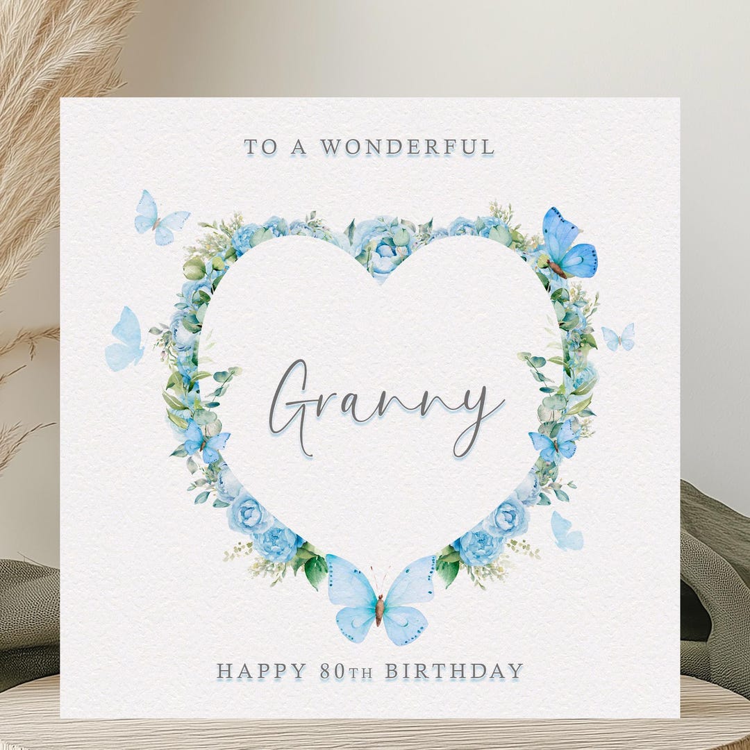 Birthday Card for Granny Personalised Blue Flower & Butterfly Heart ...