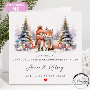 Carte de Noël personnalisée pour petite-fille et belle-fille - avec noms, carte de scène de Noël pour couple renarde et coeur rouge