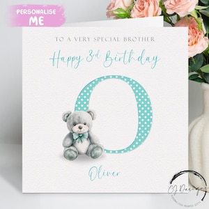 Cartão de aniversário personalizado para irmão, nome inicial e idade, cartão de felicitações do Urso Verde, 1º, 2º, 3º, 4º, 5º, 6º e 7º aniversário, lembrança para qualquer idade