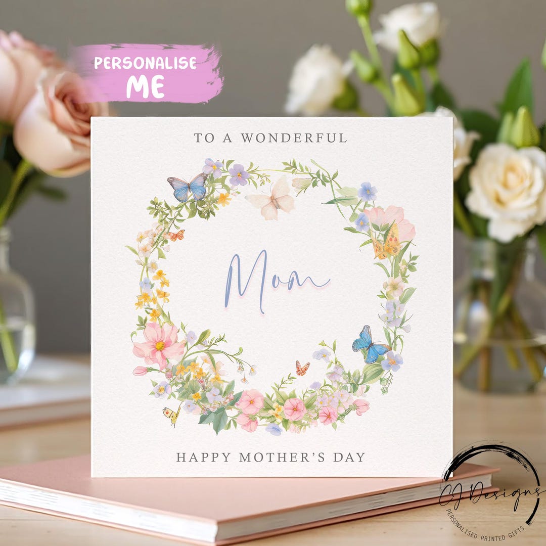 Mom Mothers Day Card -watercolour Flower Wreath & Butterfly ANY WORDING ...