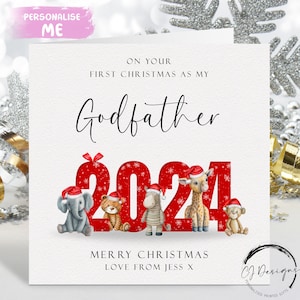 Cartão de Natal personalizado do Padrinho 2024 - Safari Animals Primeiro Natal como meu cartão