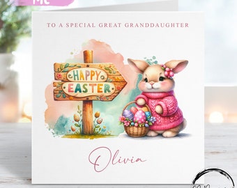 Personalised Great Granddaughter Easter Card with Name - Little Girl Easter Bunny with Basket illustration- Card for Her