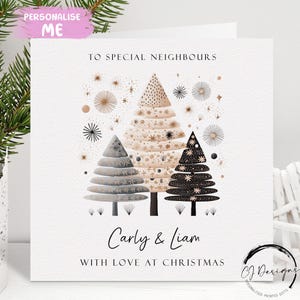 Carte de Noël de voisins personnalisée - Carte de scène de couple d'arbres de Noël rustique avec noms