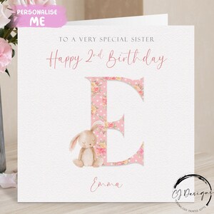Cartão de aniversário personalizado para irmã, nome inicial e data, cartão de felicitações do alfabeto do coelho rosa, 1º, 2º, 3º, 4º, 5º, 6º, lembrança