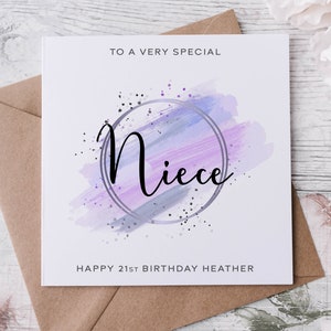 Carte d'anniversaire de nièce personnalisée, carte pour sa nièce spéciale avec âge et nom 16e 18e 21e 30e 40e 50e 60e thème violet