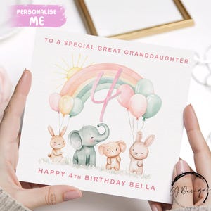 Personalisierte Urenkelin-Geburtstagskarte, rosa Alter und Name Regenbogen-Luftballons & Tiere 1