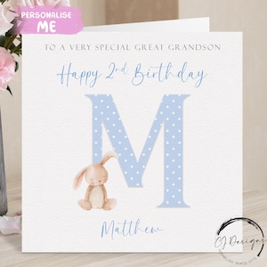 Cartão de aniversário personalizado para bisneto, nome inicial e idade, cartão de felicitações de coelho, 1º, 2º, 3º, 4º, 5º, 6º, 7º, 8º, 9º, lembrança para ele