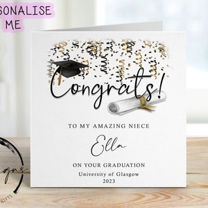 Carte personnalisée de remise des diplômes de nièce - avec casquette et parchemin - Nom et carte d'université - À mon/À notre - Thème or Félicitations