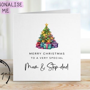 Christmas Card For Special Mum & Step-dad Christmas Tree with Colourful Gifts
