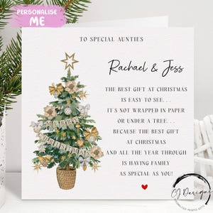 Tarjeta navideña con poema personalizado para tías - Tarjeta navideña - Tarjeta con pareja de mujeres en forma de árbol y corazón rojo y nombres
