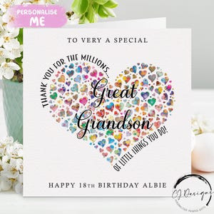 Carte d'anniversaire personnalisée d'arrière-petit-fils - Merci pour les millions de choses que vous avez en coeur - Tout âge 16-17 18 21 30 40 50, 60