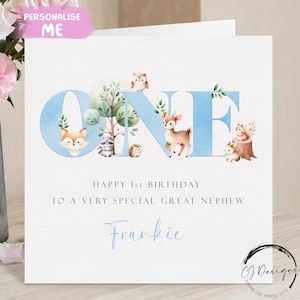 Biglietto di auguri personalizzato per il primo compleanno del pronipote con tema animali del bosco in blu - Biglietto di auguri per il primo compleanno