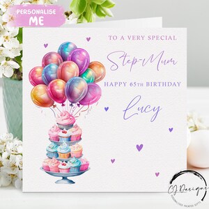 Gepersonaliseerde verjaardagskaart stiefmoeder Veelkleurig ontwerp Taarten en ballonnen Elke leeftijd/naam 30e 40e 45e 50e 60e 65e 70e 80e 90e 100e