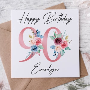 Carte d'anniversaire personnalisée avec motif floral, âge et nom pour elle, 40e, 50e, 60e, 70e, 80e, 90e anniversaire