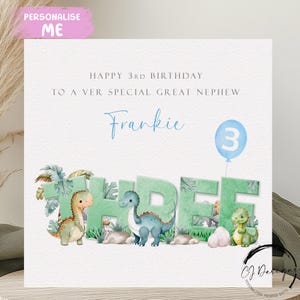Personalisierte dritte Geburtstagskarte für großen Neffe Dinosaurier Grün & Blau Geburtstagskarte - 3. Geburtstag drei