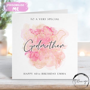 Tarjeta de cumpleaños personalizada para madrina con diseño en oro rosa y salpicaduras de rosa. Para cualquier edad: 21, 30, 40, 50, 60, 70, 80, 90 y 100 años.