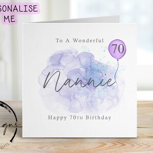 Personalised Nannie Birthday Card - Purple/Blue Design with Pink Balloon - Card For Her, Any Age 50th 60th 70th 80th 90th
