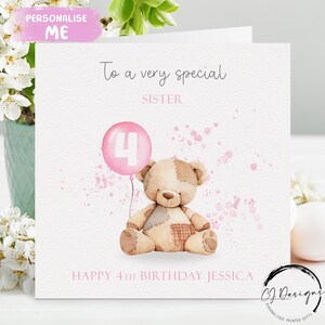Cartão de aniversário personalizado para irmã ursa - ursinho fofo com balão rosa qualquer idade e nome para seu 1º 2º 3º 4º 5º 6º 7º 8º 9º 10º