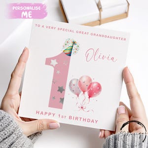 Cartão de aniversário personalizado para bisneta, número rosa e balões, idade, 1º, 2º, 3º, 4º, 5º, 6º, 7º, 8º, 9º e 10º nome
