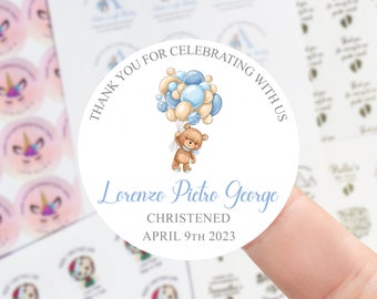 Personalised Christening Stickers -  Boys Teddy with Blue Balloons - Name and Date Thank You For Coming Sticker - 45mm /51mm/64mm