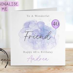 Carte d'anniversaire personnalisée pour amie - design violet/bleu avec ballon rose - carte pour elle, tout âge/nom -18e, 21e, 30e, 40e, 50e, 60e