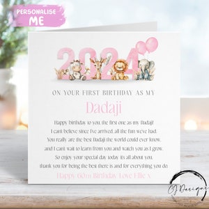 Personalisierte Dadaji Geburtstagskarte - Name / Alter Rosa Dschungel-Thema Erster Geburtstag als mein Dadaji-Gedicht JEDER BEGRIFF 1.40.50.60.70.80.90