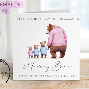 Personalised Mammy Bear Birthday Card from upto 4 Children -  Mumma/Mummy and  Baby Bear Card for Her Medium or Large card Name and Age