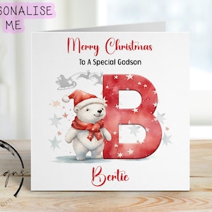 Cartão de Natal personalizado do urso polar Godson com rena do Papai Noel e letra inicial e nome