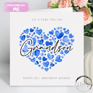 Carte d'anniversaire personnalisée de petit-fils, coeurs bleus N'IMPORTE QUELLE TEXTE /ÂGE/nom 13e 14e 15e 16e 17e 18e 21e 25e 30e 40e 45e 50e 60e