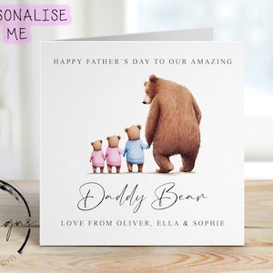 Gepersonaliseerde Daddy Bear Vaderdagkaart voor maximaal 5 kinderen - Daddy and Baby Bear Card for Him Medium of Large kaart Naam en leeftijd