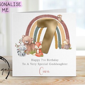 Cartão de aniversário personalizado para afilhada - Cartão de felicitações de arco-íris de animais da floresta Nome/idade 1-10- 1º, 2º, 3º, 4º, 5º, 6º, 7º, 8º, 9º